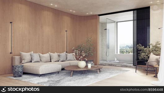 modern living room interior with bath. 3d rendering design concept