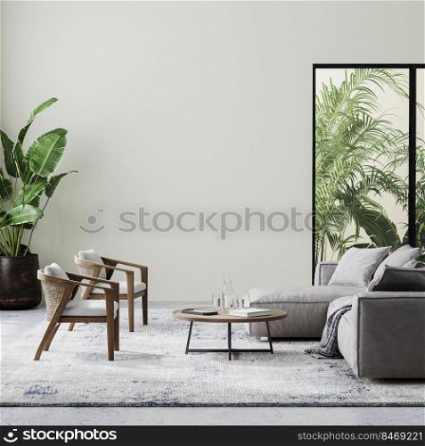 modern living room interior with beige wall, gray and wooden furniture and tropical plants with palm leaves, 3d rendering