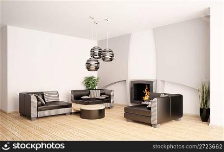 Modern living room interior with fireplace 3d render