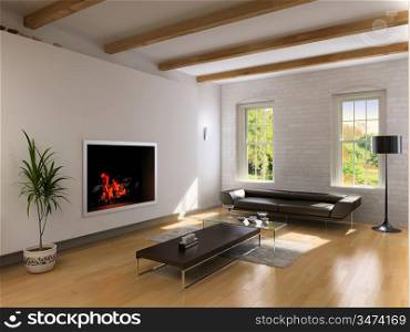 modern living room interior with fireplace (3D rendering)