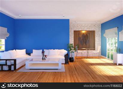 Modern living room interior with furniture and blue empty wall, 3D rendering