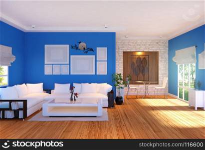 Modern living room interior with furniture and empty photo frames on wall, 3D rendering