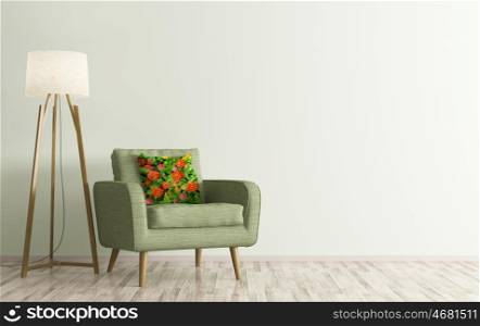 Modern living room interior with green armchair and floor lamp 3d rendering