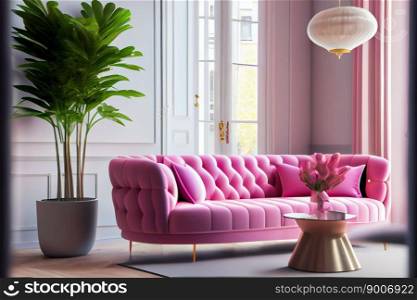 Modern  living room interior with pink color couch.  Generative AI 