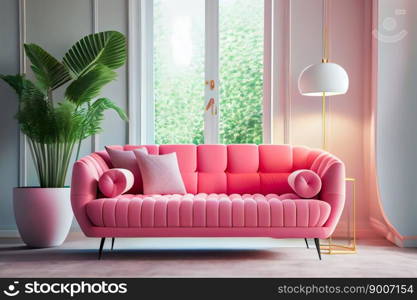 Modern  living room interior with pink color couch.  Generative AI
