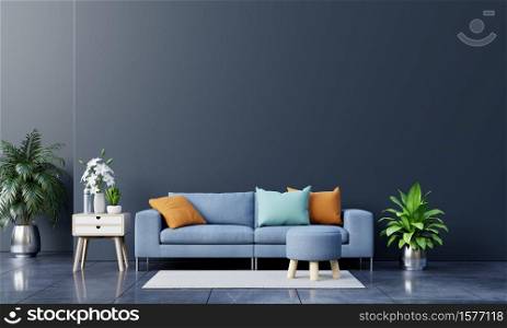 Modern living room interior with sofa and green plants,lamp,table on dark wall background. 3d rendering
