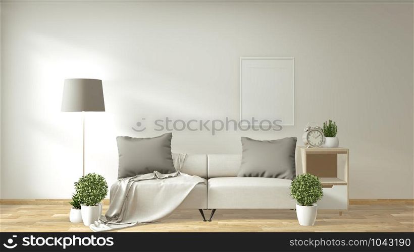 Modern living room interior with sofa and green plants room japanese minimal design. 3D rendering