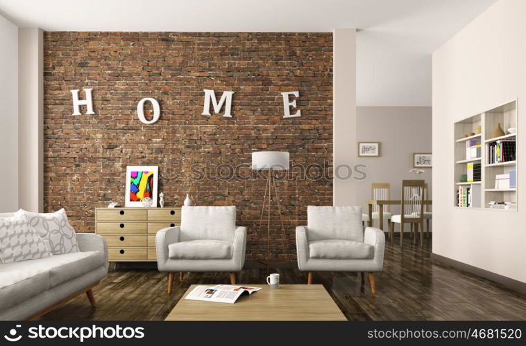 Modern living room interior with sofa, armchairs, brick wall 3d rendering