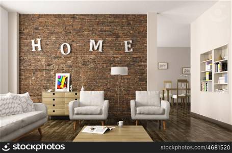 Modern living room interior with sofa, armchairs, brick wall 3d rendering