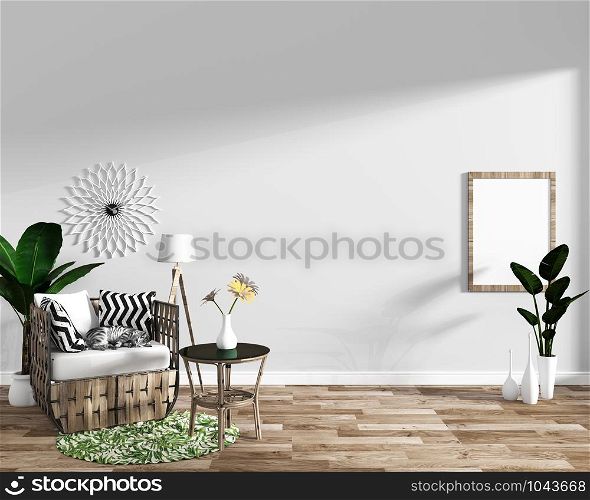 modern living room interior with sofa decoration and green plants on white wall background on wooden floor,minimal designs, 3d rendering