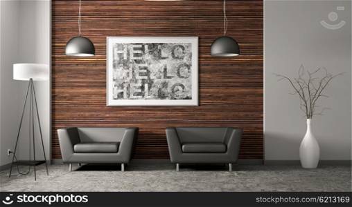 Modern living room interior with two black armchairs and floor lamp 3d rendering