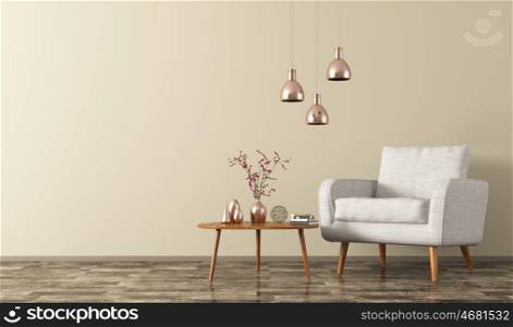 Modern living room interior with wooden coffee table,white armchair and copper lamps 3d rendering