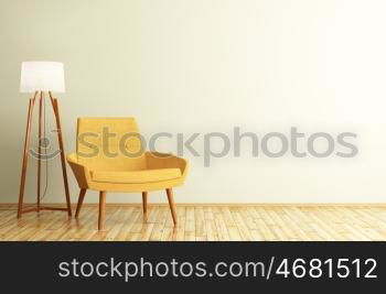 Modern living room interior with yellow armchair and floor lamp 3d rendering