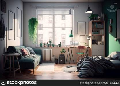 Modern Living room ,Living room studio apartment with contemporary beige cloth couch , Generative Ai