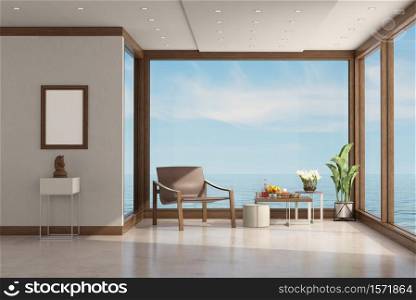 modern living room of a villa by the sea, with leather armchair and coffee tables - 3d rendering. modern living room of a villa by the sea