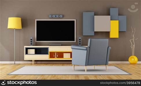 Modern living room room with TV,wall unit and blue armchair - 3D Rendering