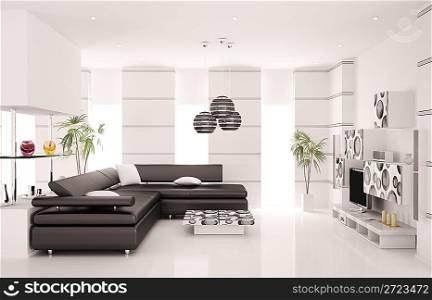 Modern living room with black sofa and LCD interior 3d render