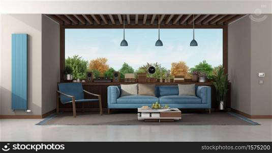 Modern living room with blue furniture and large window on background 3d rendering. Modern living room with blue sofa and armchair