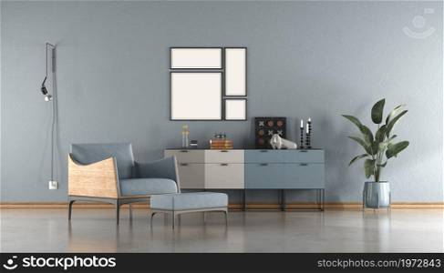 Modern living room with blue wall ,armchair and sideboard - 3d rendering. Modern living room with armchair and sideboard
