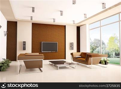 Modern living room with brick wall interior 3d