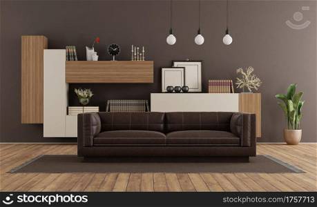 Modern living room with brown sofa and bookcase on backfround - 3d rendering. Modern living room with brown sofa and bookcase