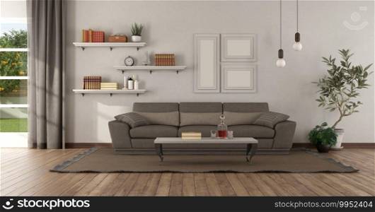 Modern living room with brown sofa and shelves with books on wall - 3d rendering. Modern living room with brown sofa and shelf on wall