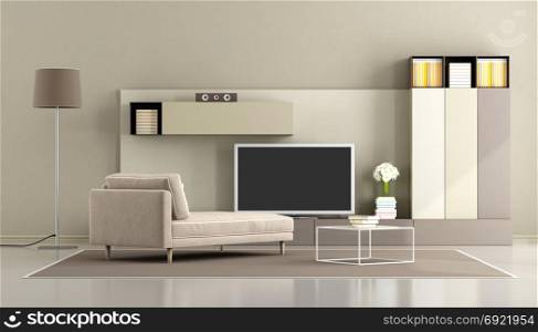 Modern living room with chaise lounge and tv unit - 3d rendering. Modern living room with tv unit