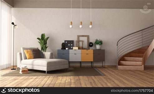 Modern living room with chaise lounge,sideboard and wooden staircase - 3d rendering. Modern living room with chaise lounge and staircase