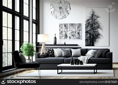 Modern living room with confortable black sofa. Interior design. Generative AI
