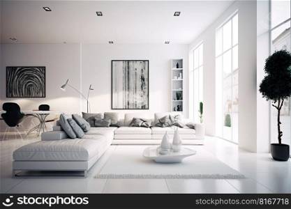 Modern living room with confortable white sofa. Interior design. Generative AI