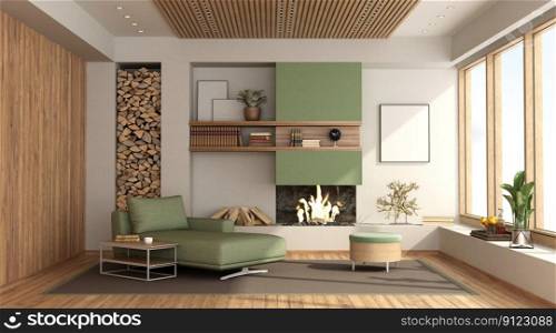Modern living room with fireplace and chaise lounge and large window - 3d rendering. Modern living room with fireplace and chaise lounge