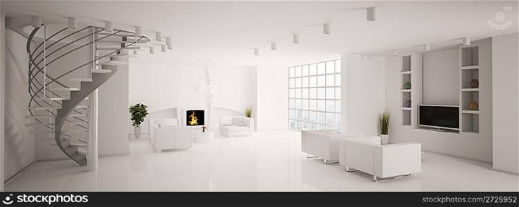 Modern living room with fireplace and stair panorama 3d