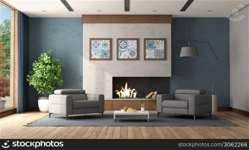 Modern living room with fireplace and two gray armchair - 3d rendering. Modern living room with fireplace
