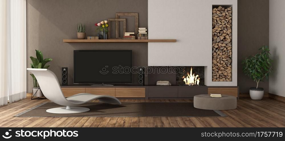 Modern living room with fireplace ,chaise lounge and tv set 3d rendering. Modern living room with fireplace and tv set