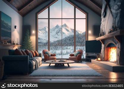 Modern living room with fireplace, forest challet interior in Winter, snowy mountain view out of windows. Generative AI