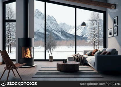 Modern living room with fireplace, forest challet interior in Winter, snowy mountain view out of windows. Generative AI