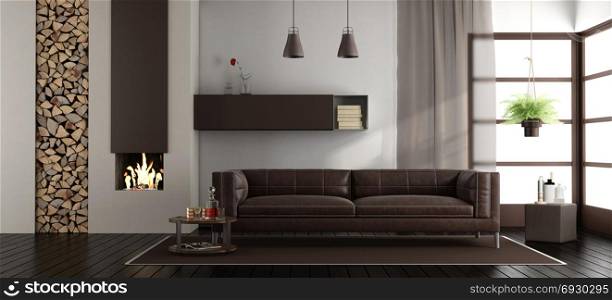 Modern living room with fireplace. Modern living room with fireplace and brown leather sofa - 3d rendering