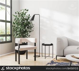 modern living room with furniture, armchair near window with forest view, 3d rendering