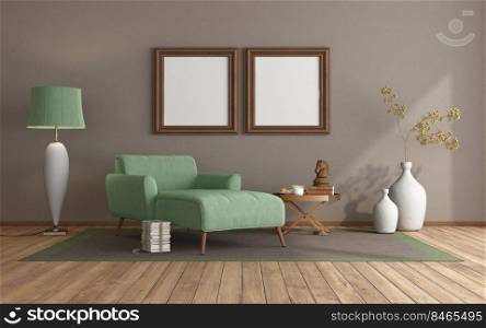 Modern living room with green chaise lounge,brown wall and hardwood floor - 3d rendering. Poster mockup in a modern living room