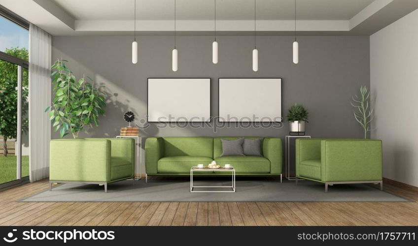 Modern living room with green sofa and armchairs - 3d rendering. Modern living room with green furniture