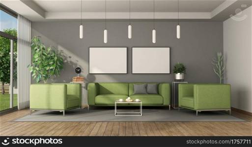 Modern living room with green sofa and armchairs - 3d rendering. Modern living room with green furniture