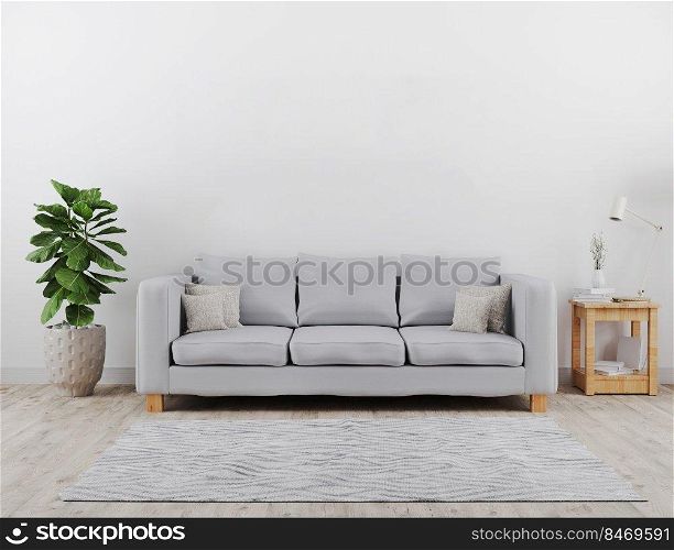 Modern living room with grey sofa mockup. scandinavian style, cozy and stylish interior background. 3d rendering