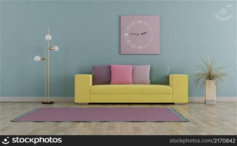 Modern living room with modern yellow sofa,with colorful cushion and floor lamp - 3d rendering. Colorful living room with modern sofa