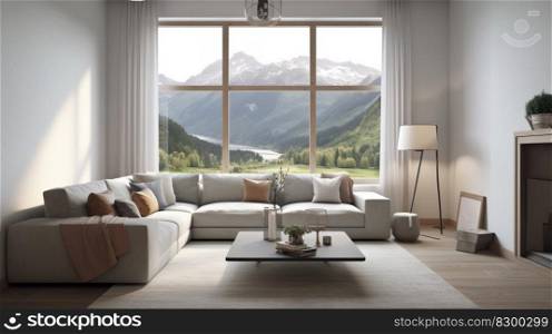 Modern living room with mountain view out of windows. Generative AI