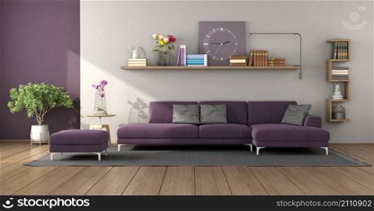 Modern living room with purple sofa and wooden shelves on wall - 3d rendering. Modern living room with purple sofa