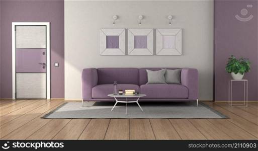 Modern living room with purple sofa on carpet and front door on backround - 3d rendering. White and purple modern living room