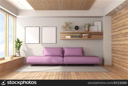 Modern living room with purple sofa, wooden paneling and hardwood floor - 3d rendering. Modern living room with purple sofa