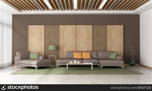 Modern living room with sofa and chaise lounge against wooden panel - 3d rendering. Large living room with sofa against wooden panel