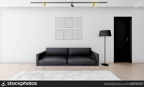 Modern living room With sofa bed and white l&, Mock up poster frame in White room. Interior background, White empty wall mockup,  3d rendering