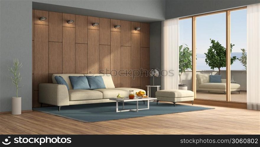 Modern living room with sofa , wooden paneling and terrace with chaise lounge and plants- 3d rendering. Modern living room with terrace overlooking the sea